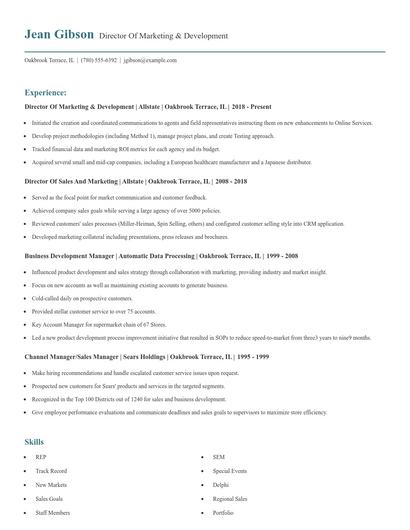 Director Of Marketing & Development Resume