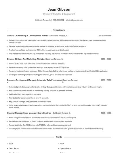 Director Of Marketing & Development Resume