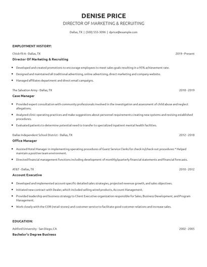 Director Of Marketing & Recruiting Resume