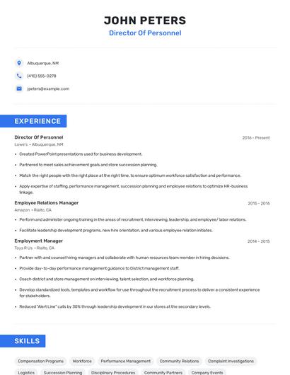 Director Of Personnel Resume