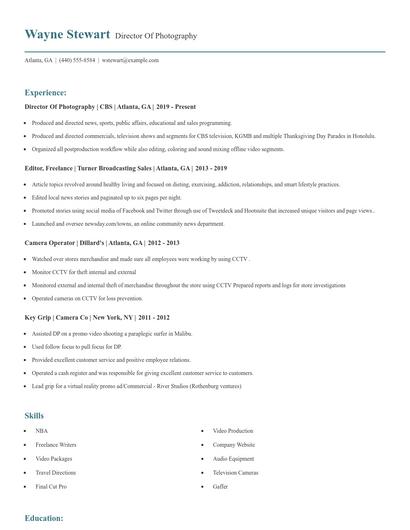 Director Of Photography Resume