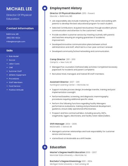 Director Of Physical Education Resume