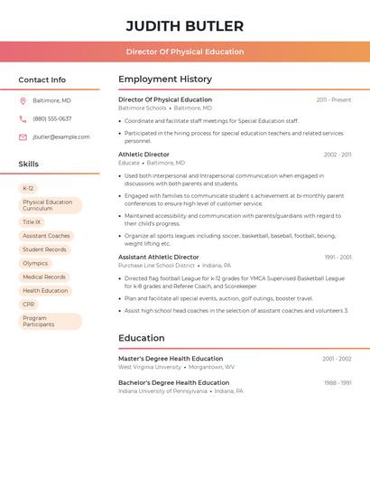 Director Of Physical Education Resume