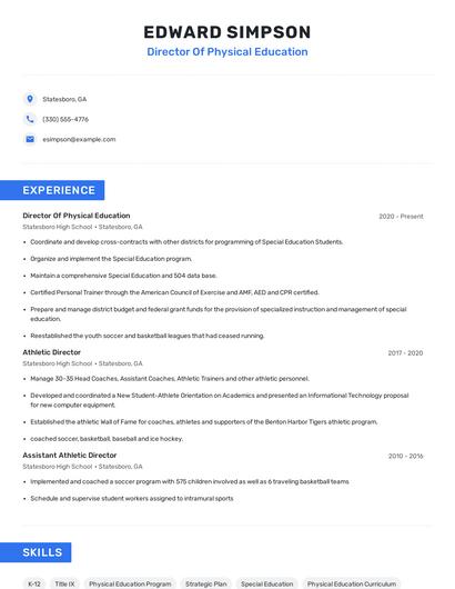 Director Of Physical Education Resume