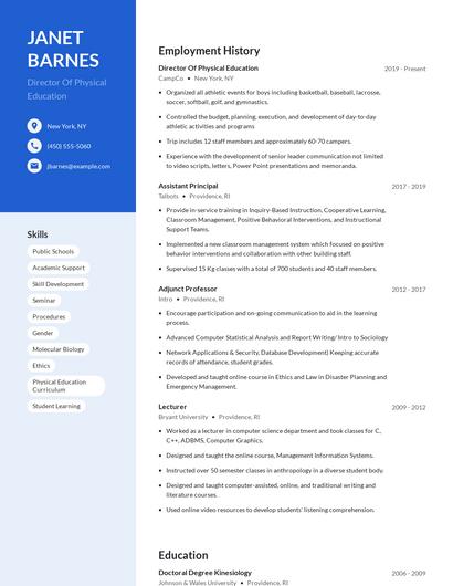 Director Of Physical Education Resume