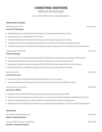 Director Of Placement Resume