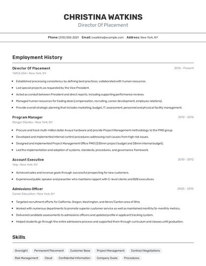 Director Of Placement Resume