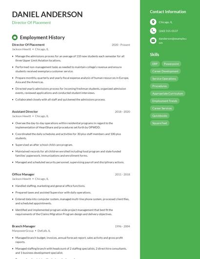 Director Of Placement Resume