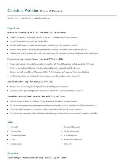 Director Of Placement Resume