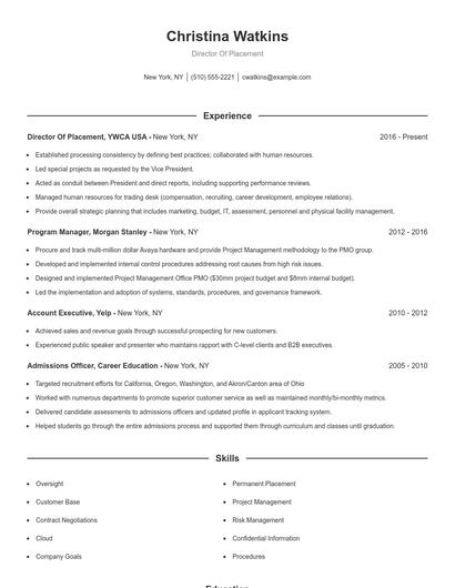 Director Of Placement Resume