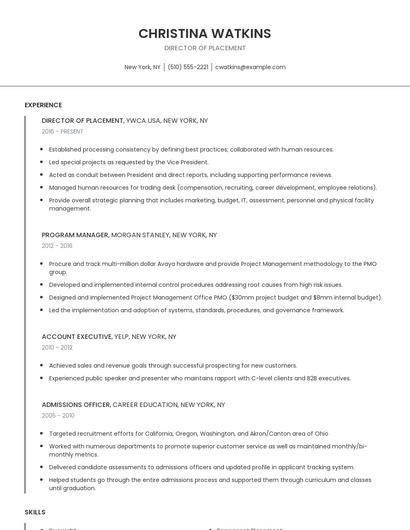 Director Of Placement Resume