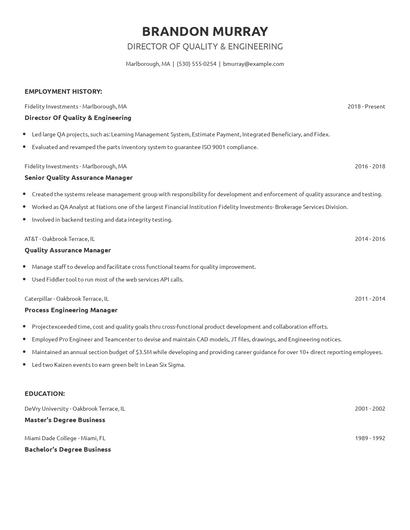 Director Of Quality & Engineering Resume