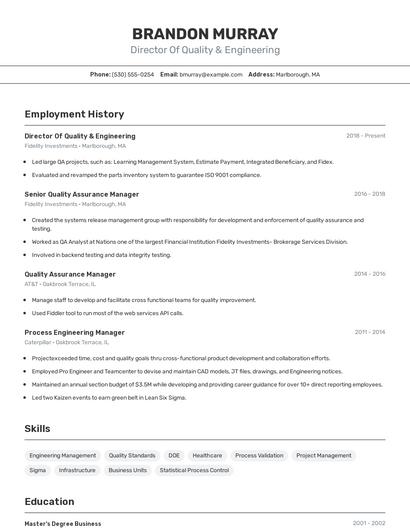 Director Of Quality & Engineering Resume
