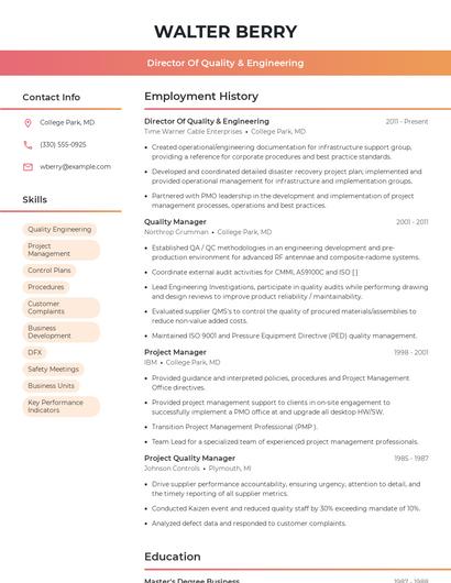 Director Of Quality & Engineering Resume