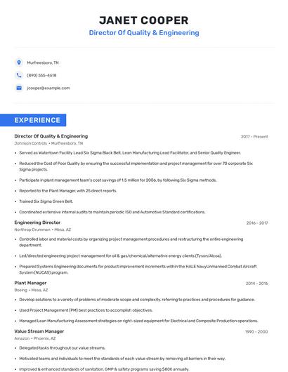 Director Of Quality & Engineering Resume