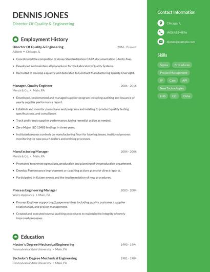 Director Of Quality & Engineering Resume