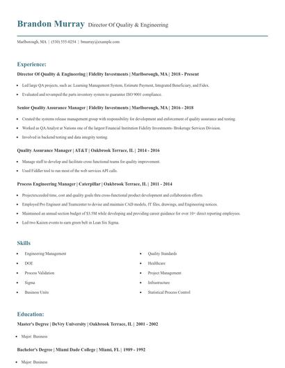 Director Of Quality & Engineering Resume