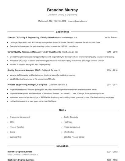Director Of Quality & Engineering Resume