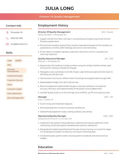 Director Of Quality Management Resume