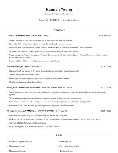 Director Of Records Management Resume