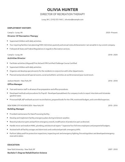 Director Of Recreation Therapy Resume