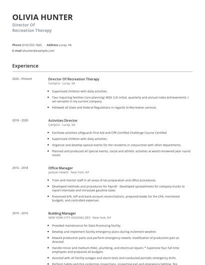Director Of Recreation Therapy Resume