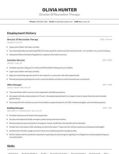 Director Of Recreation Therapy Resume