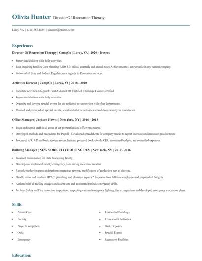 Director Of Recreation Therapy Resume