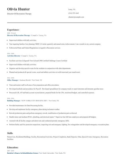 Director Of Recreation Therapy Resume