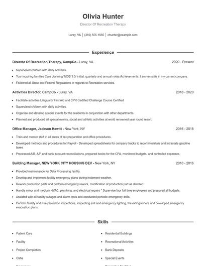 Director Of Recreation Therapy Resume