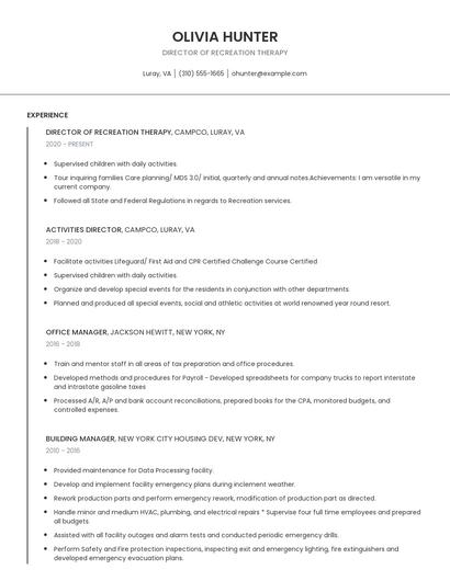 Director Of Recreation Therapy Resume