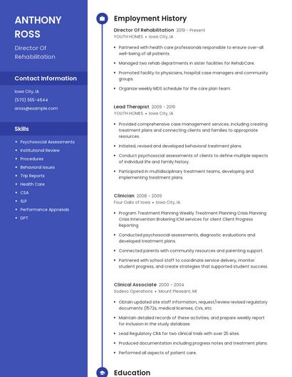 Director Of Rehabilitation Resume