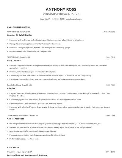 Director Of Rehabilitation Resume