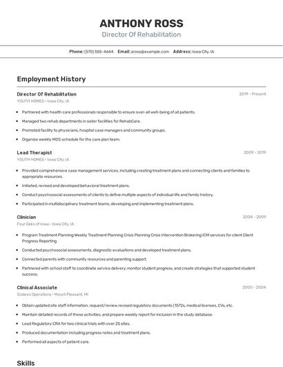 Director Of Rehabilitation Resume