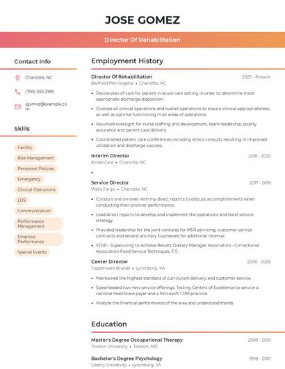 Director Of Rehabilitation Resume