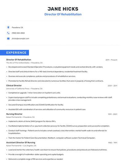Director Of Rehabilitation Resume
