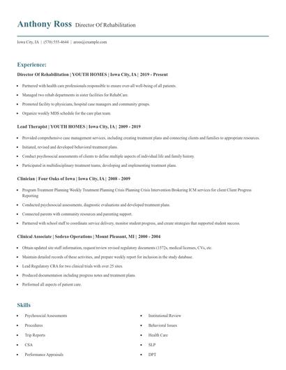 Director Of Rehabilitation Resume