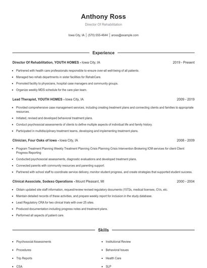 Director Of Rehabilitation Resume
