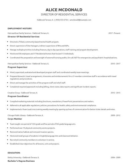 Director Of Residential Services Resume