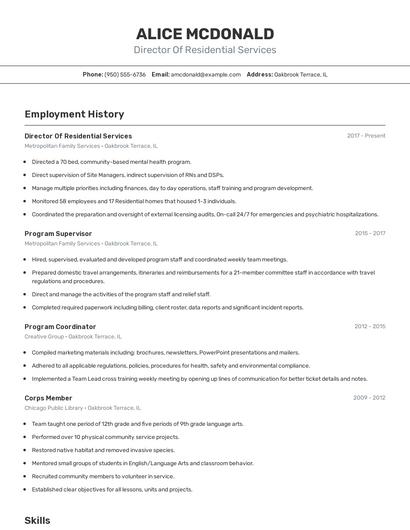 Director Of Residential Services Resume