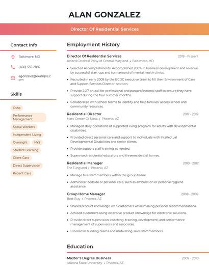 Director Of Residential Services Resume