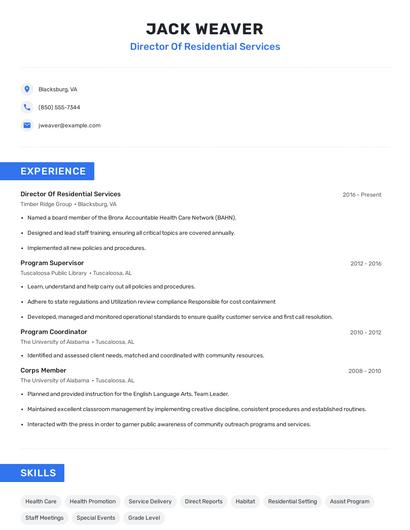 Director Of Residential Services Resume