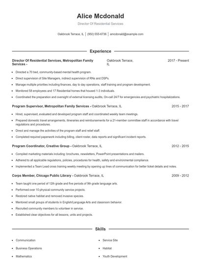 Director Of Residential Services Resume