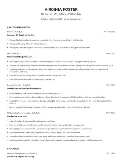 Director Of Retail Marketing Resume