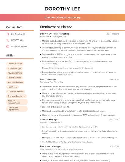 Director Of Retail Marketing Resume