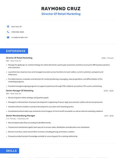 Director Of Retail Marketing Resume