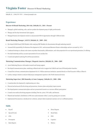 Director Of Retail Marketing Resume