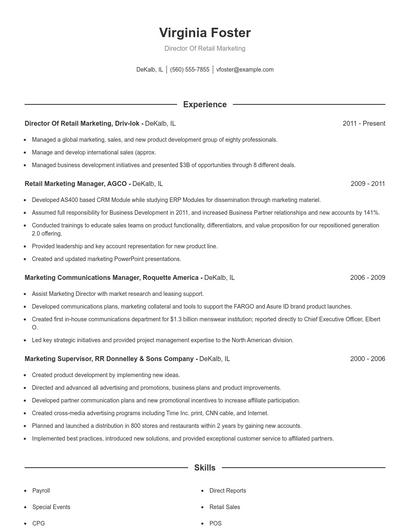 Director Of Retail Marketing Resume