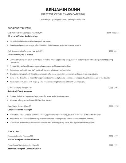 Director Of Sales And Catering Resume