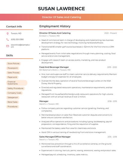 Director Of Sales And Catering Resume